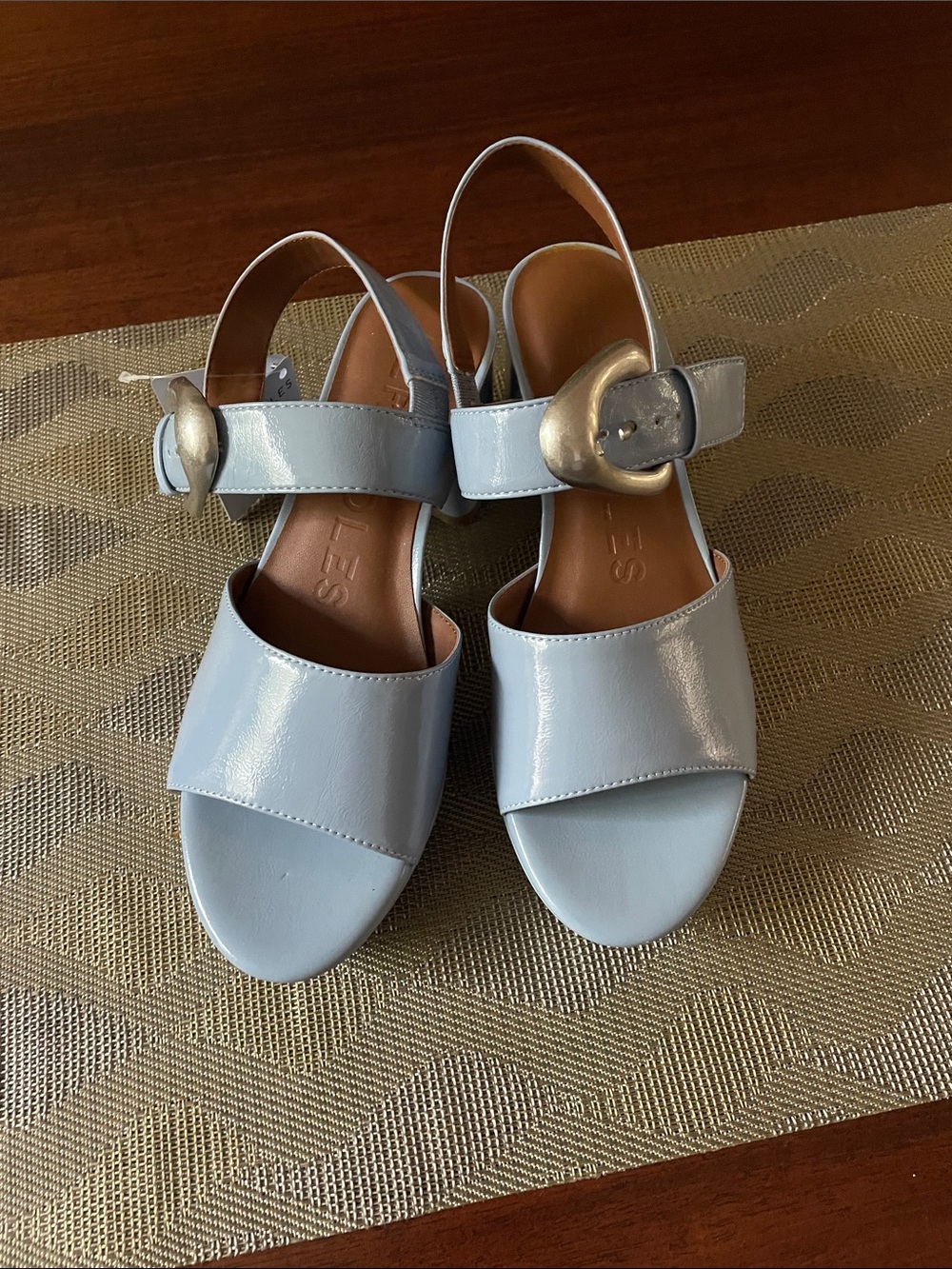 Aerosole Chamber Light Blue Patent Slingback Sandals with Metallic Buckle